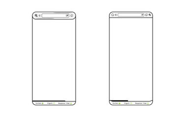 Black and white mobile phone browser set, app webpage, blank website template vector design. Editable lines web browser with icons illustration. Smartphone homepage mockup background illustration. 