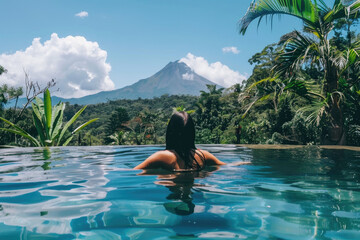Female Tourist at a luxury tropical hotel pool on a sunny day in Costa Rica looking at a Volcano while on vacation.