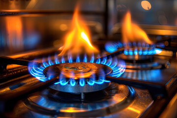 Blue and Orange Flames from Gas Stove Burner - Close-up View