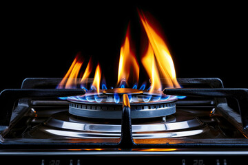 Blue and Orange Flames from Gas Stove Burner - Close-up View