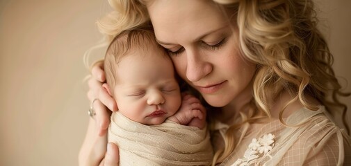 A close-up of a mother tenderly cradling her newborn, soft diffused lighting, neutral backdrop, close crop, lifestyle photography
