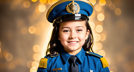 A young girl in a police uniform standing in front of a Christmas tree.
