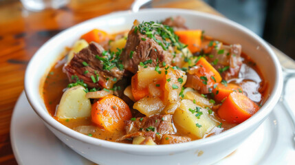 Traditional irish beef stew in white bowl - obrazy, fototapety, plakaty