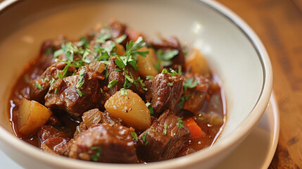 Traditional irish beef stew with parsley garnish