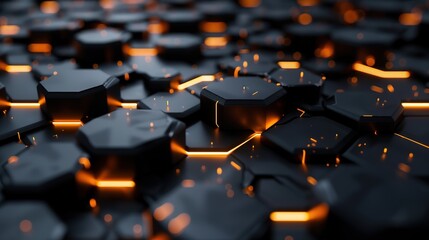 Fototapeta premium : A 3D illustration of dark hexagonal shapes with glowing edges, presenting a futuristic vibe, abstract render generative ai images