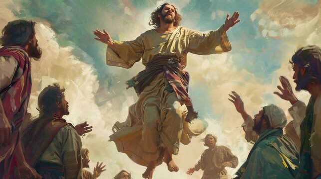 Jesus and his student folower with the background of animated cloud in bright sky ascension of Jesus Christ