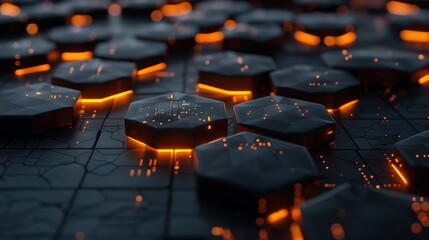 Fototapeta premium : A 3D illustration of dark hexagonal shapes with glowing edges, presenting a futuristic vibe, abstract render generative ai images