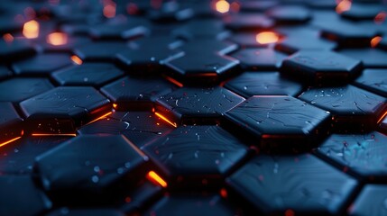 Obraz premium : A 3D illustration of dark hexagonal shapes with glowing edges, presenting a futuristic vibe, abstract render generative ai images