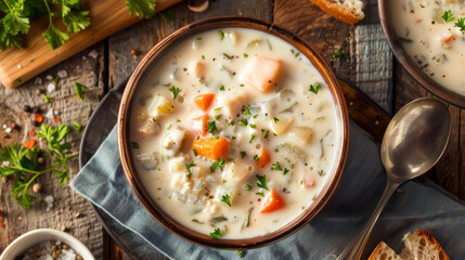 Bowl of classic irish seafood chowder garnished with parsley, rustic style