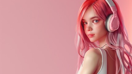 3D rendering, a beautiful girl is looking aside, a beautiful smile, pink hair, Golden Glitz, headphone on the head, white dress, stock photography, copy space