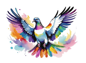 Colorful watercolor pigeon in flight with a vibrant splash background, symbolizing peace and freedom