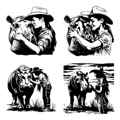  vector illustrations of a woman affectionately interacting with a hippopotamus