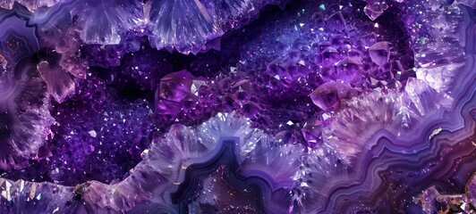 Vibrant purple amethyst geode rock, sparkling and lustrous crystals inside with striking textures and natural patterns - obrazy, fototapety, plakaty