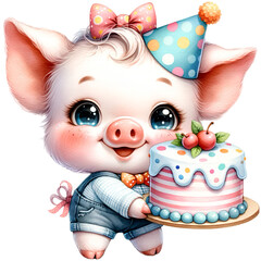 Cute pig with birthday cake