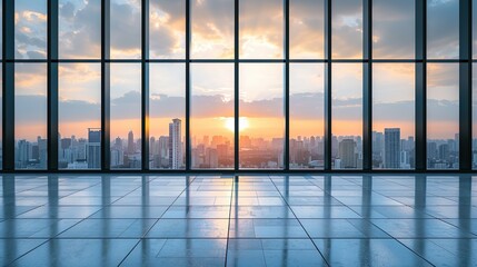 Fototapeta premium Luxury office with high ceilings and spacious windows overlooking the city skyline at sunset