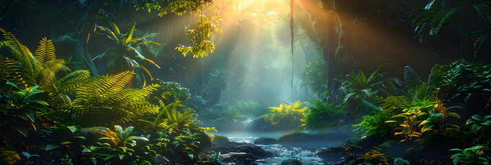 Tropical forest,
The forest by the sun near a tree with a ray of light

 - obrazy, fototapety, plakaty