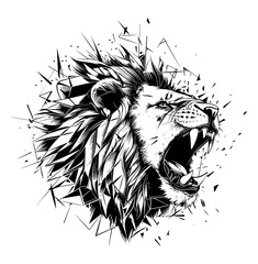 Dynamic roaring lion illustration with a shattered effect emphasizing power and ferocity