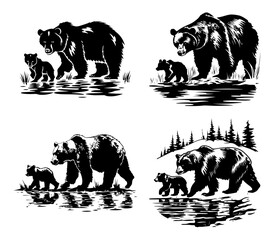 Bear mother with cub showcasing natural habitats and maternal instincts, vector illustration against white background 