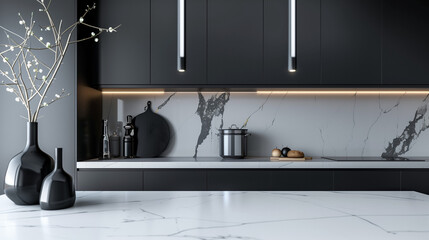 modern kitchen interior in black and white, shaker kitchen cabinet, luxury and minimalist kitchen interior design, zen