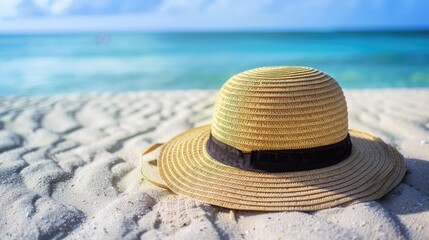 Elegant straw hat on sandy beach with sunny tropical backdrop