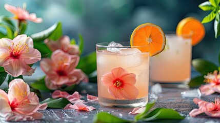 A tropical cocktail adorned with a hibiscus flower, surrounded by lush blooms