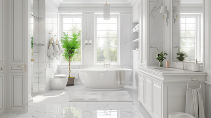 interior of a modern bathroom, white marble and luxury bathtub, white interior bathroom, toilet,  interior design inspiration and ideas, contemporary bathroom