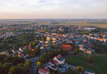 Aerial skyline cityscape of Miłosław at sunset, a town in Września County, Greater Poland Voivodeship (Wielkopolska), Poland - obrazy, fototapety, plakaty