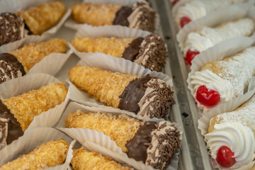 Italian Chocolate Cream Horns Display Delicious Dessert Cannoncini