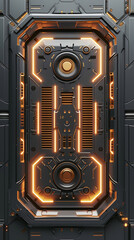 Futuristic spaceship metal door on glowing yellow neon background