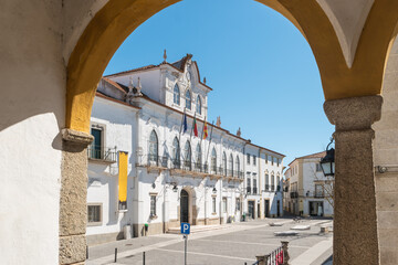 View at the Town hall of Evora in Portugal. Evora is a pleasant medium-sized city in Alentejo and has numerous monuments.