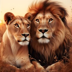 African lion couple. Pair of wildlife pride predator animals. Generate ai HD AND 3D PIC 