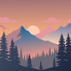 Nature’s Palette: A Vibrant Vector Illustration of a Colorful Mountain Landscape with Sun and Trees