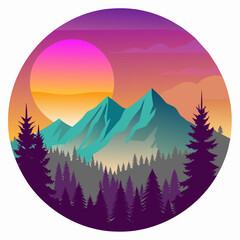 Nature’s Palette: A Vibrant Vector Illustration of a Colorful Mountain Landscape with Sun and Trees