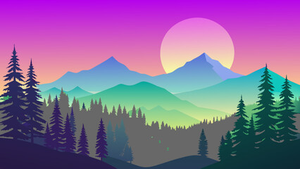 Nature’s Palette: A Vibrant Vector Illustration of a Colorful Mountain Landscape with Sun and Trees