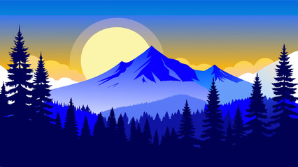 Nature’s Palette: A Vibrant Vector Illustration of a Colorful Mountain Landscape with Sun and Trees