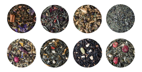 Collection of various tea blends in circular frames.