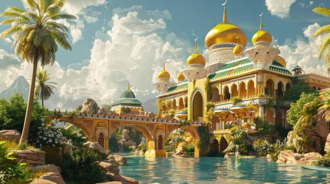 rich and big mosque with bright pond moeslem home in ramadah eid al-fitr with animated cloudy sky background in bright blue sky