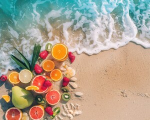 a lot of fruits on the sand on the beach against the backdrop of the sea in summer with a place for text. The concept of travel, relaxation and vacation.