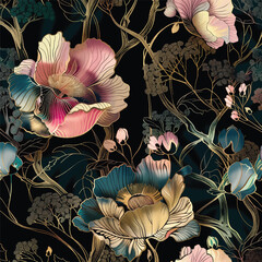 Painting of gold floral wallpaper pattern with flowers