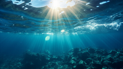 Fototapeta na wymiar Underwater Ocean Scene with Sun Rays and School of Fish