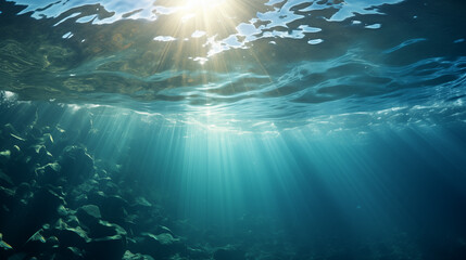 Clear Underwater View with Sun Rays Penetrating the Ocean
