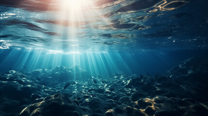 Sunbeams Illuminating the Underwater Landscape with Fish - obrazy, fototapety, plakaty
