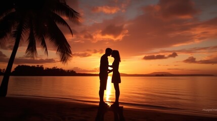 Silhouette of Young Couple standing at the beautiful sunset