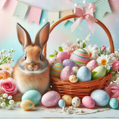 Easter Bunny with a decorated eggs basket and spring flowers, pastel colors, festive card or background.