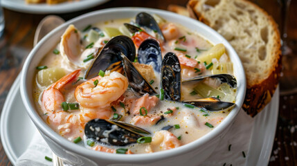 Warm bowl of creamy irish seafood chowder with fresh shellfish and toasted bread