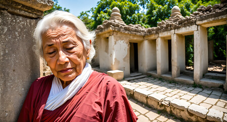 An elderly woman standing in front of a stone building. - Powered by Adobe