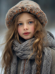 Portrait of beautiful young girl in winter. Generative AI.