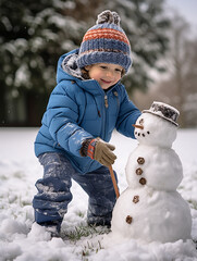 Young boy making a snowman in snow. Generative AI.