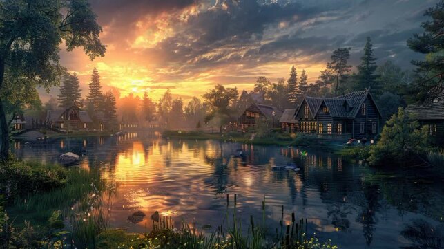 wooden house near a pond classic poor village in the midle of jungle near a lake with animated dark cloudy sky in the morning