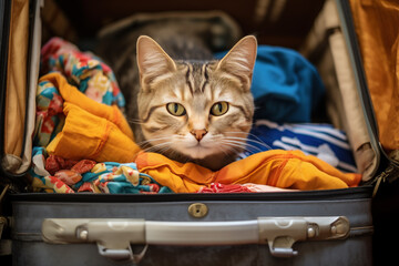 A cat is laying on top of a suitcase full of clothes - Powered by Adobe
